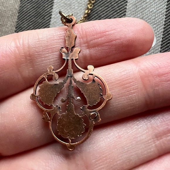 Unique Art Nouveau Bronze Pendant Necklace Formal Jewelry 11 Inches - Picture 6 of 7